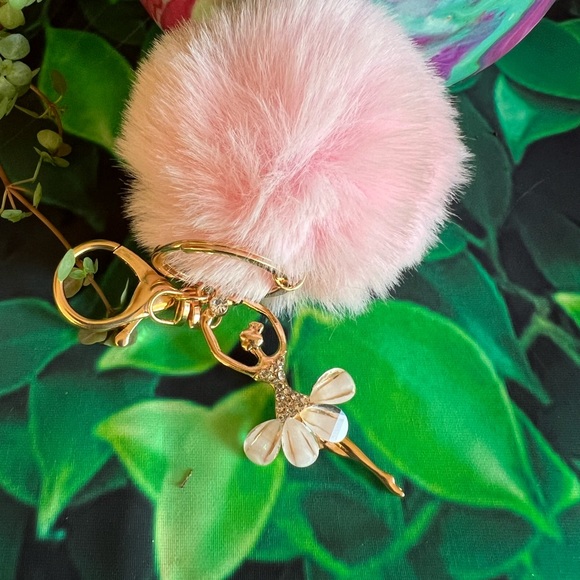 Enamel Ballerina Diamond & Pearl Accent with Pink Pom Pom Purse Charm /Key Charm - Picture 3 of 7
